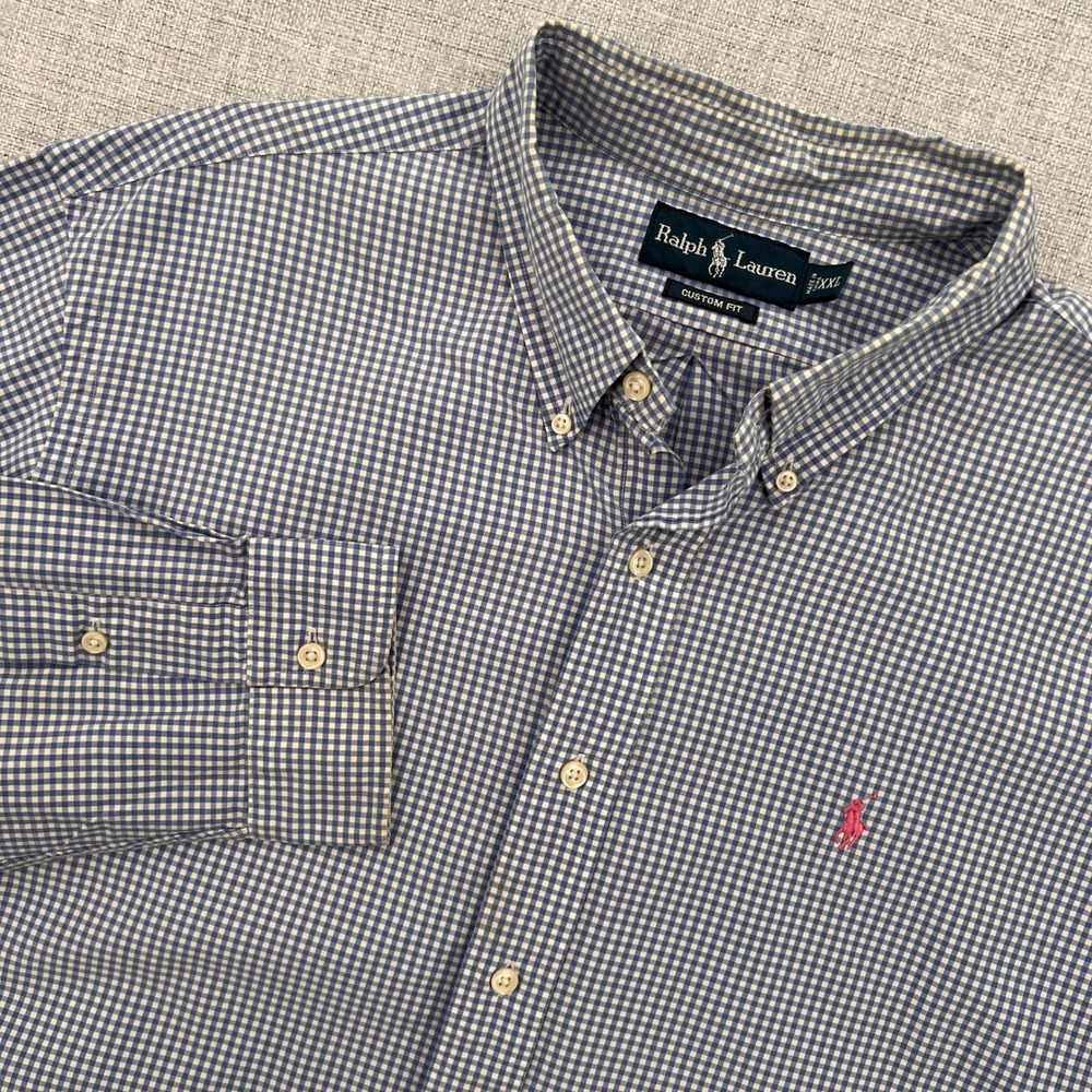 Ralph Lauren Custom Fit Gingham Button Down Shirt Men XXL Blue Prep Ivy Preppy